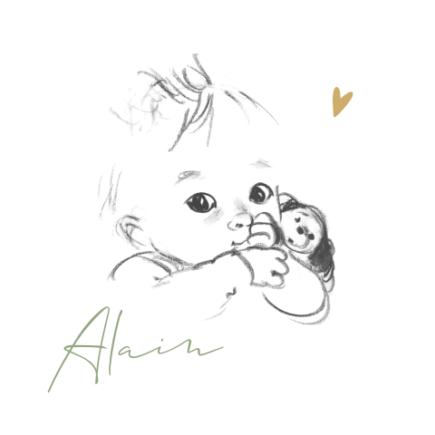 Geboortekaartje pentekening duimende baby knuffel