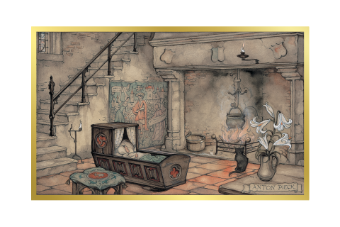 Anton Pieck geboortekaartje kat wiegje goudfolie