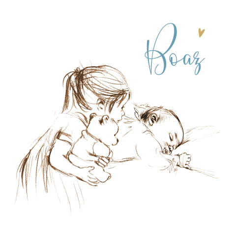 Geboortekaartje pentekening in sepia baby met grote zus