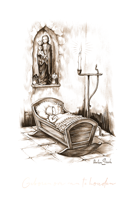 Anton Pieck geboortekaartje wiegje roségoudfolie