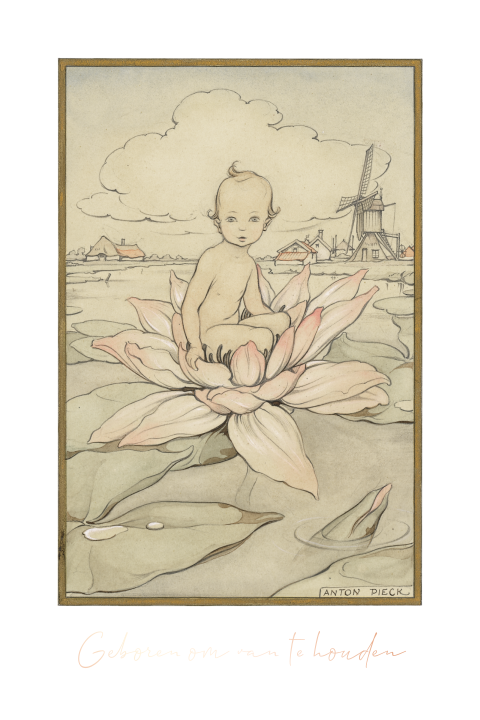 Anton Pieck geboortekaart baby op lelie roségoudfolie