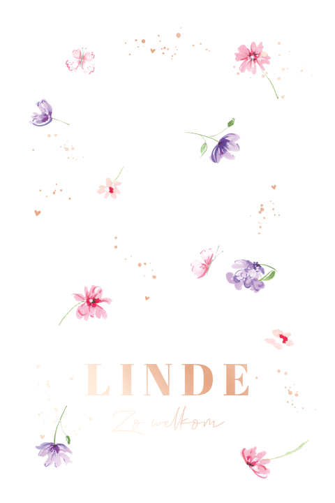 Enkele kaart meisje roze en paarse bloemen met roségoudfolie