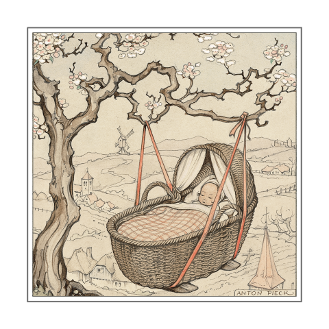 Geboortekaartje Anton Pieck wiegje aan boom