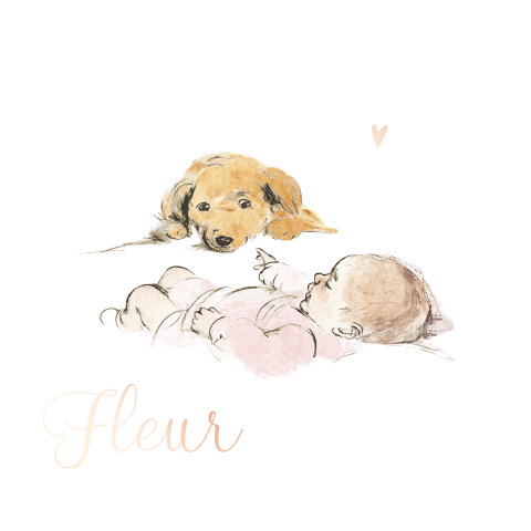 Geboortekaart pentekening meisje baby hond roségoudfolie