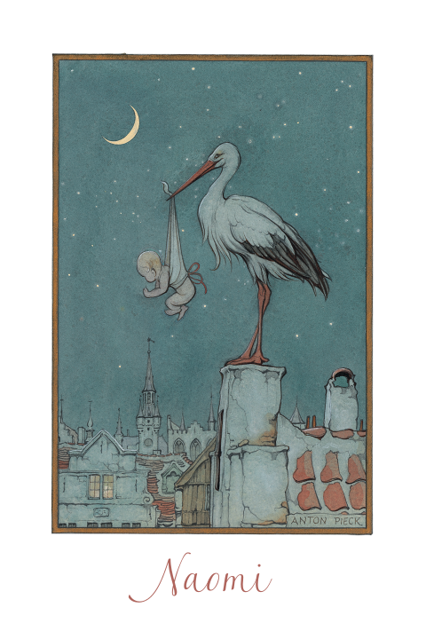 Anton Pieck geboortekaartje ooievaar bij nachthemel