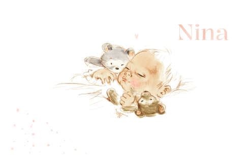 Liggend geboortekaartje pentekening baby met knuffels hoogglans