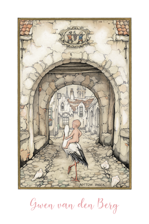 Anton Pieck geboortekaartje ooievaar baby