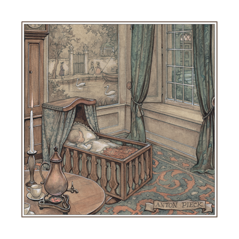 Geboortekaart Anton Pieck baby houten wiegje