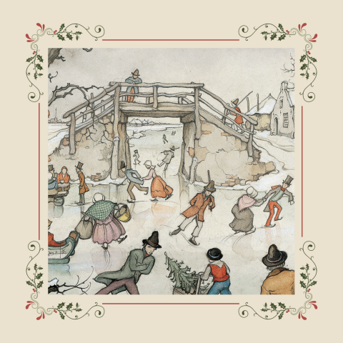 Kerstkaart Anton Pieck schaatspret met kader