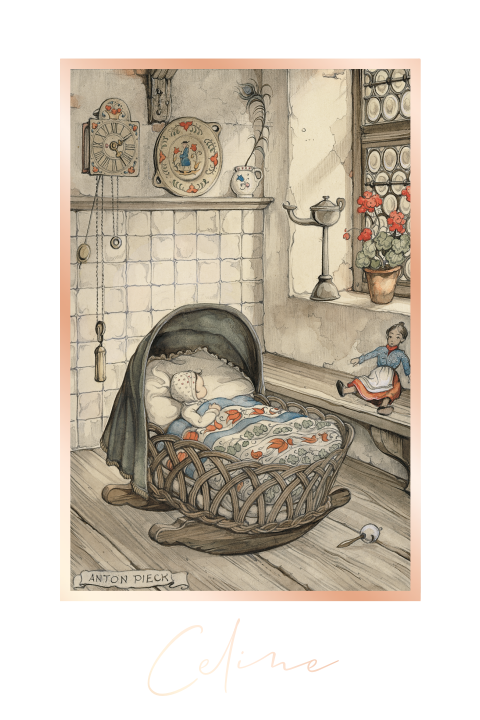 Anton Pieck geboortekaart baby wiegje roségoudfolie