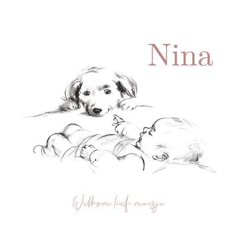 Geboortekaart pentekening baby met hond