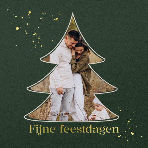 Kerstkaart eigen foto kerstboom goudfolie