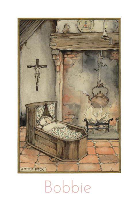 Religieus Anton Pieck geboortekaart baby wiegje
