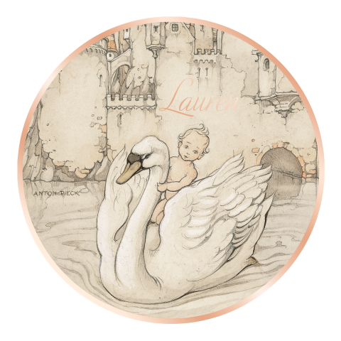Rond geboortekaartje Anton Pieck zwaan baby roségoudfolie