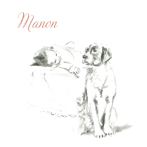 Geboortekaart pentekening baby kijkend naar hond