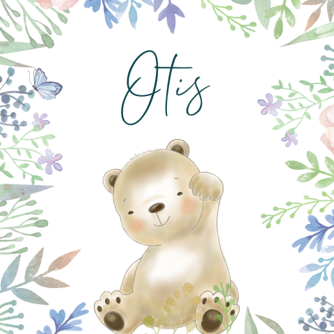 Geboortekaartje jongen beer met bloemenkader