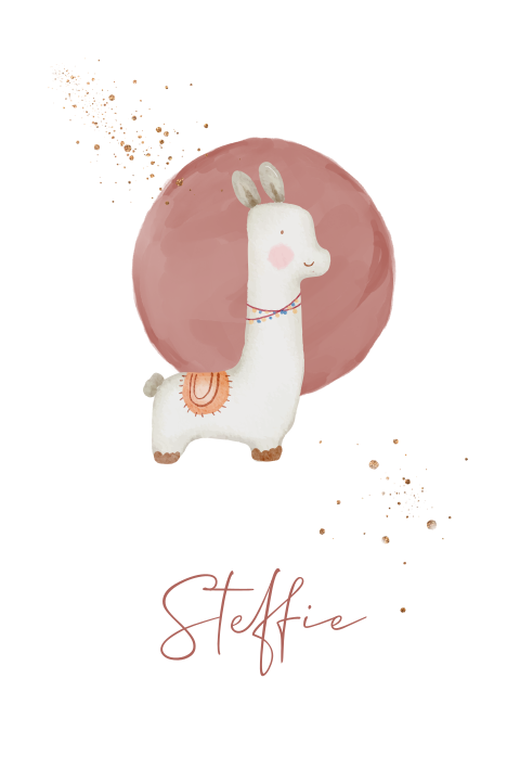 Enkele geboortekaart lama watercolor spetters goudlook