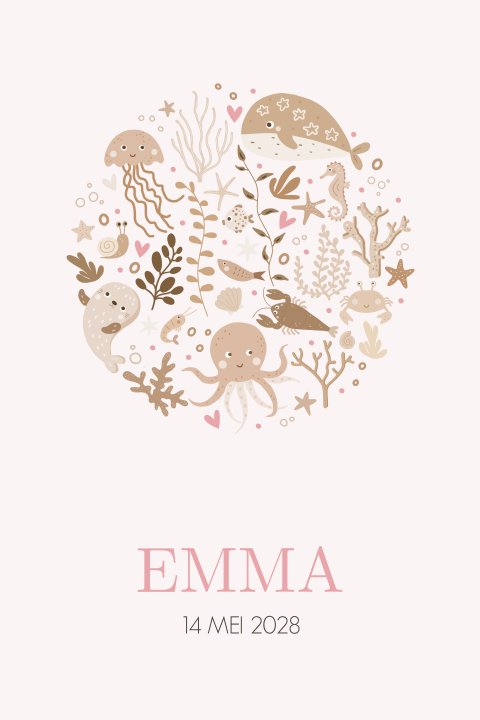 Staand geboortekaartje meisje zeedieren sepia en roze