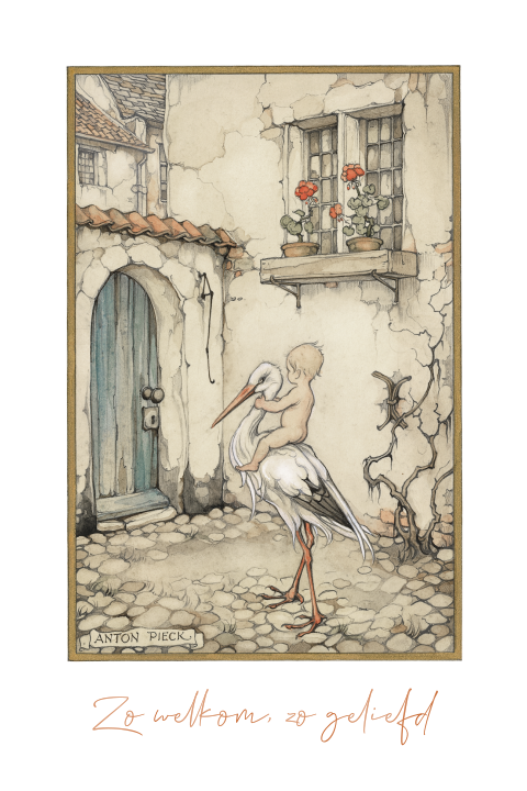 Anton Pieck geboortekaartje baby ooievaar hoogglans