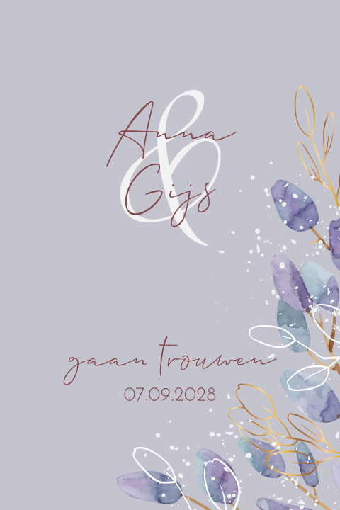 Botanische trouwkaart in paarse tinten met goudlook