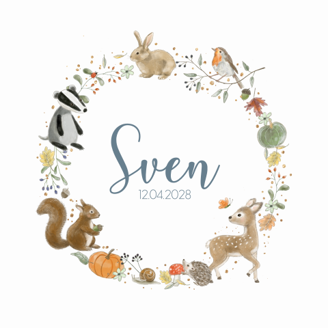Geboortekaart jongen herfst krans eekhoorn egel hert