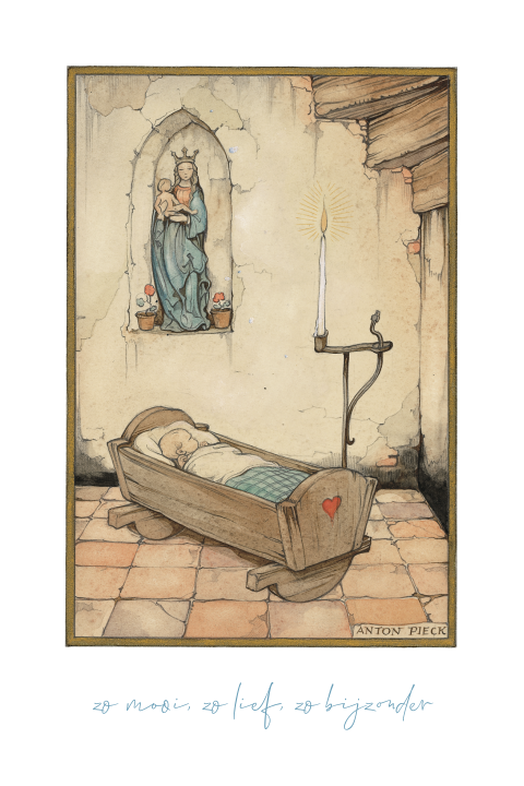 Religieus geboortkaartje Anton Pieck wiegje baby