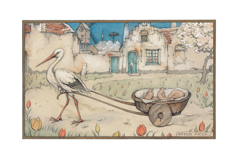 Geboortekaartje Anton Pieck baby in mand met ooievaar