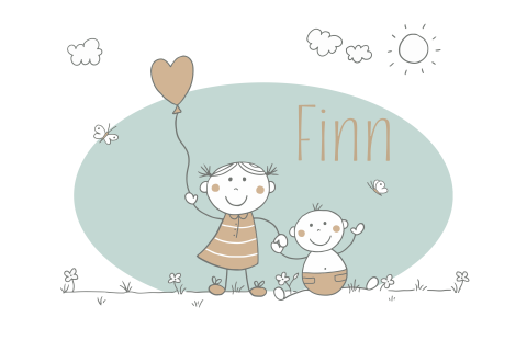 Geboortekaartje jongen met grote zus in lijntekening