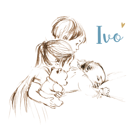 Pentekening geboortekaart derde kindje met slapende baby
