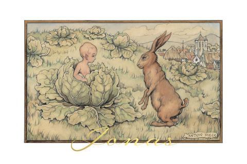 Anton Pieck geboortekaart baby in kool met haas goudfolie
