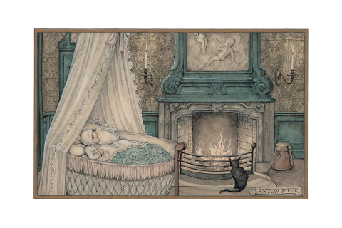 Anton Pieck geboortekaartje ledikantje baby kat