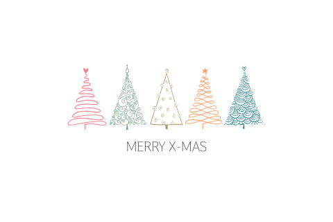 Dubbele kerstkaart 5 gekleurde kerstboompjes