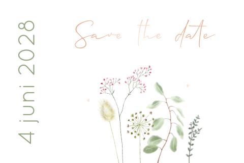 Save the date kaart met droogbloemen en hartjes roségoudfolie