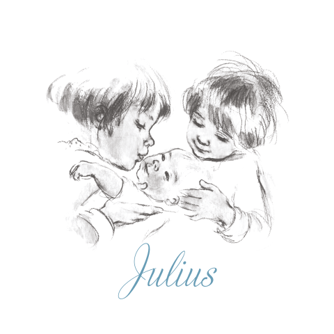 Geboortekaart pentekening baby in armen 2 grotere kindjes