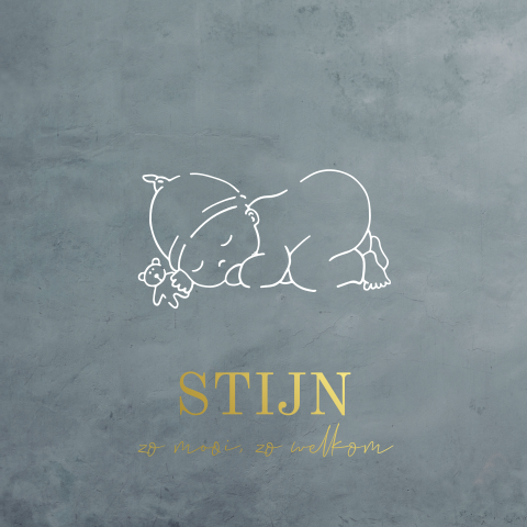 Geboortekaart jongen met baby op grijs blauwe betonlook goudfolie