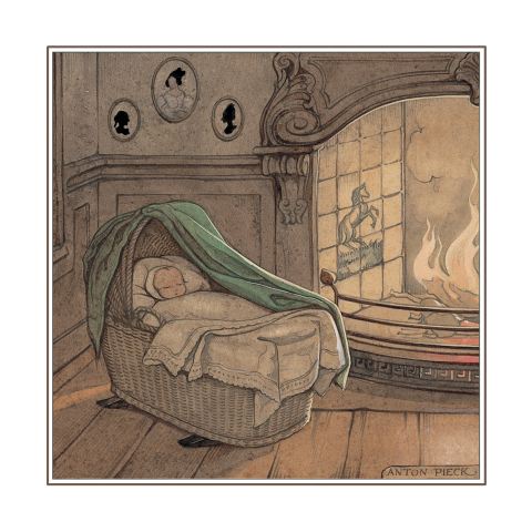 Anton Pieck geboortekaart baby in wiegje open haard