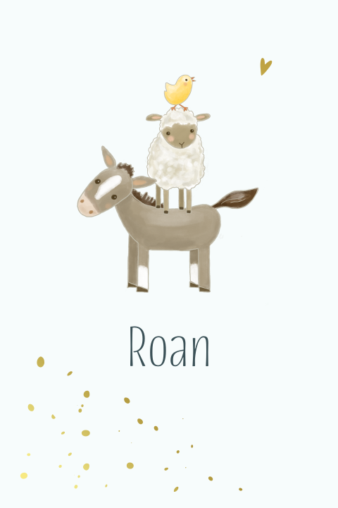 Enkel geboortekaartje stapel boerderijdieren goudfolie