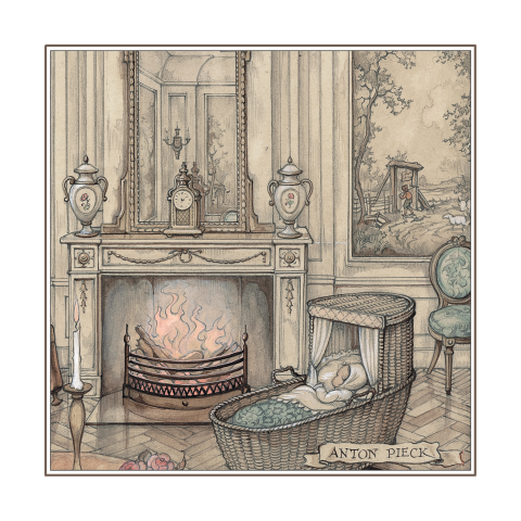 Geboortekaartje Anton Pieck baby rotan wiegje