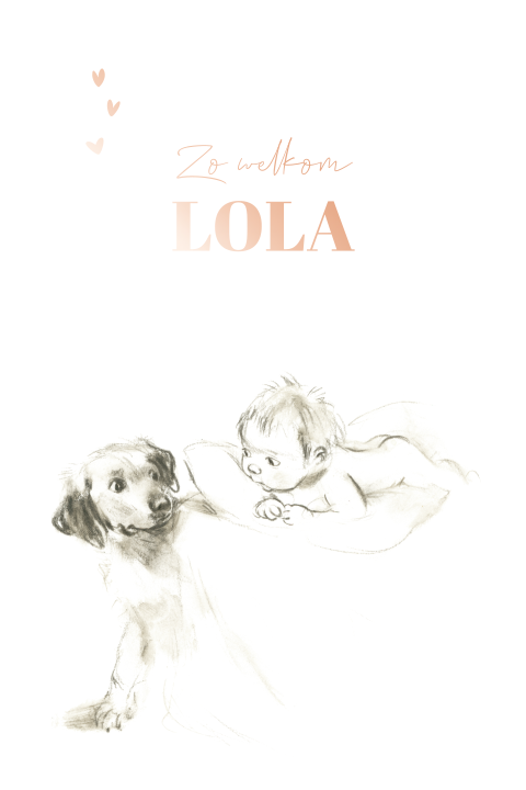 Staande geboortekaart baby met hond roségoudfolie