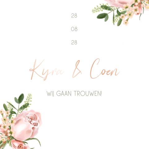Trouwkaart rozen roségoudfolie