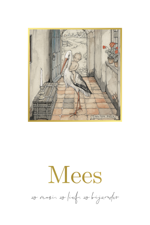 Geboortekaart Anton Pieck ooievaar in huis goudfolie