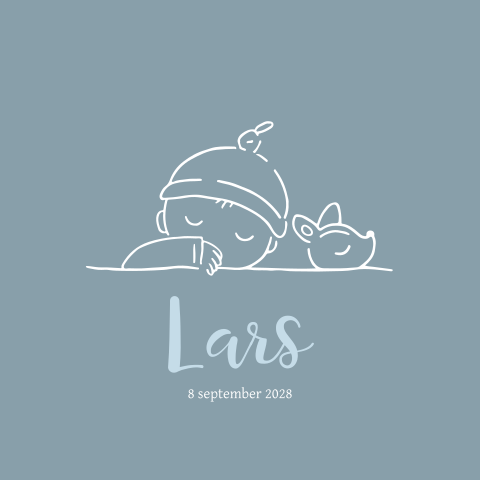 Geboortekaartje slapende baby met knuffel blauw