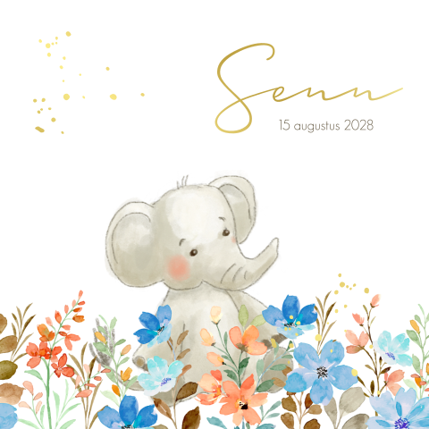 Lief geboortekaartje jongen olifant bloemen goudfolie