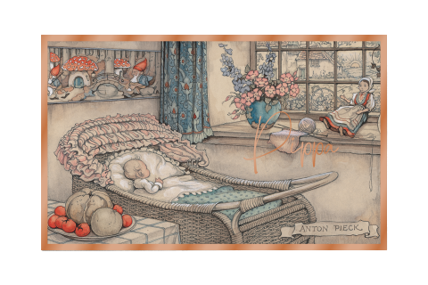Anton Pieck geboortekaart meisje rotan wiegje hoogglans