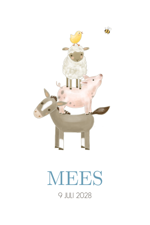 Staande geboortekaart jongen stapel boerderijdieren