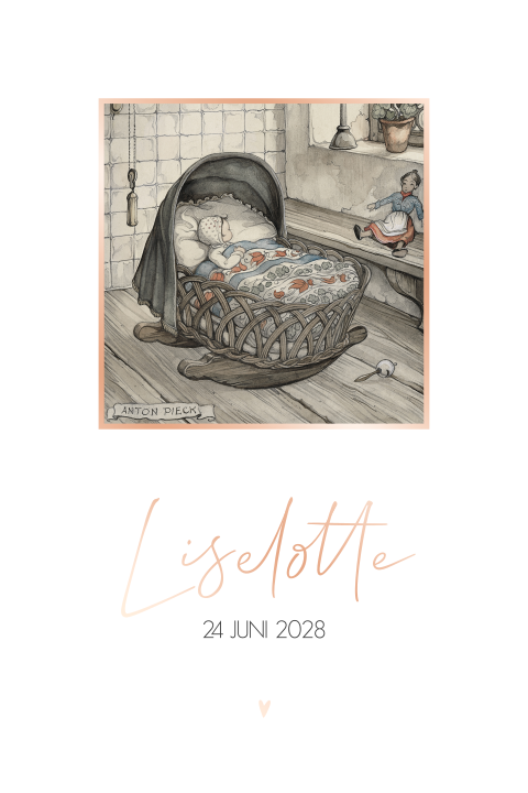 Geboortekaartje Anton Pieck schommelwiegje roségoudfolie