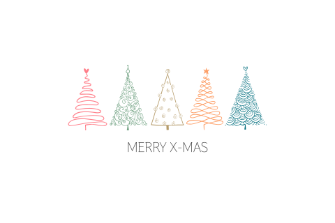 Dubbele kerstkaart 5 gekleurde kerstboompjes