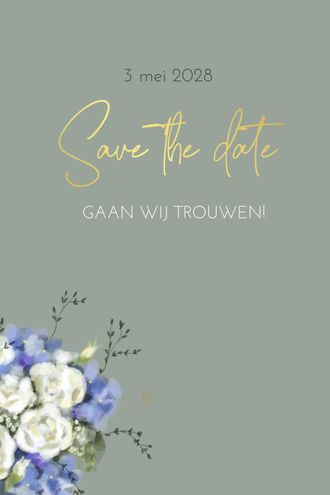 Save the date kaart bloemen in blauw en wit goudfolie