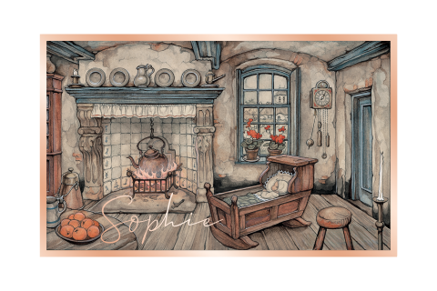 Anton Pieck geboortekaart houten wiegje roségoudfolie