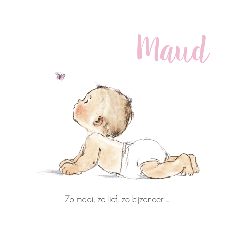Geboortekaart pentekening meisje baby kijkend naar roze vlinder
